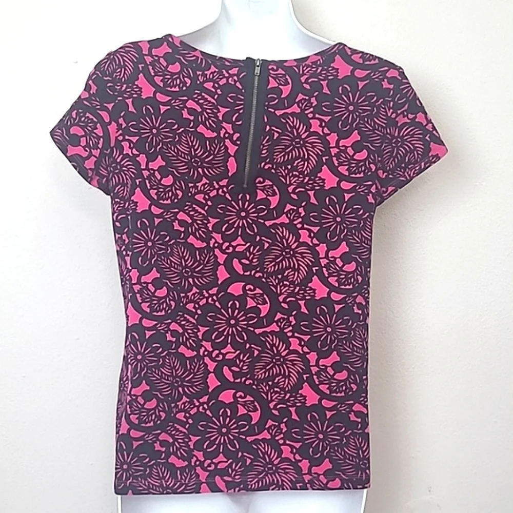Hannah T-shirt short sleeve fuchsia bright pink black floral print boat neck - Picture 4 of 7